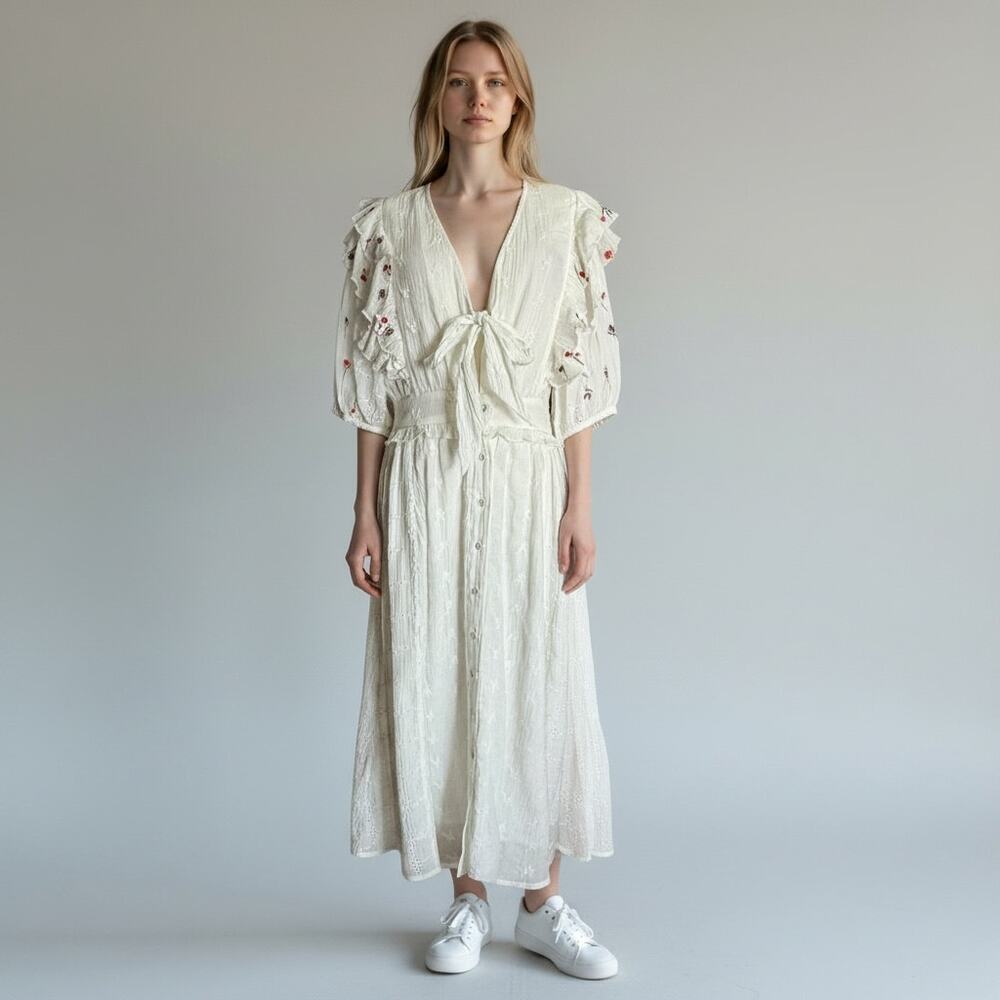 Eze Sur Mer 100% Gauze Cotton Dress Boho Embroidered White Midi Ruffle Size S